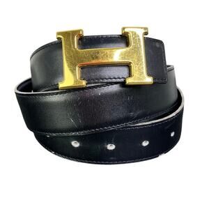 Hermes Reversible H Buckle Belt Black Navy Blue‎ Leather Gold Hardware Size 85